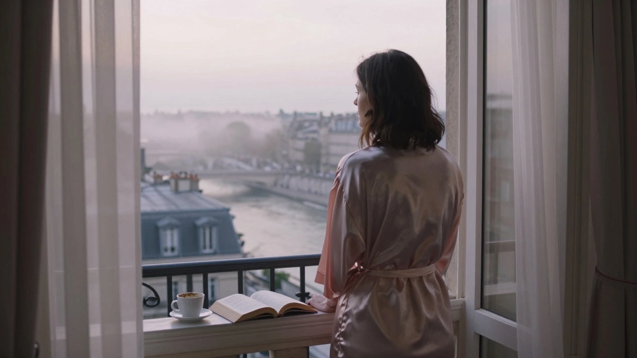 A woman stands alone on a Parisian balcony at dawn, gazing over the Seine in quiet contemplation.