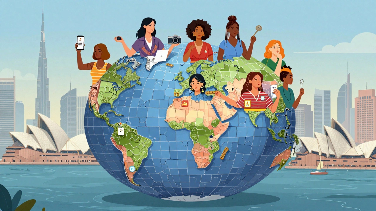 Diverse figures forming a globe mosaic, each holding symbols of autonomy and global work.