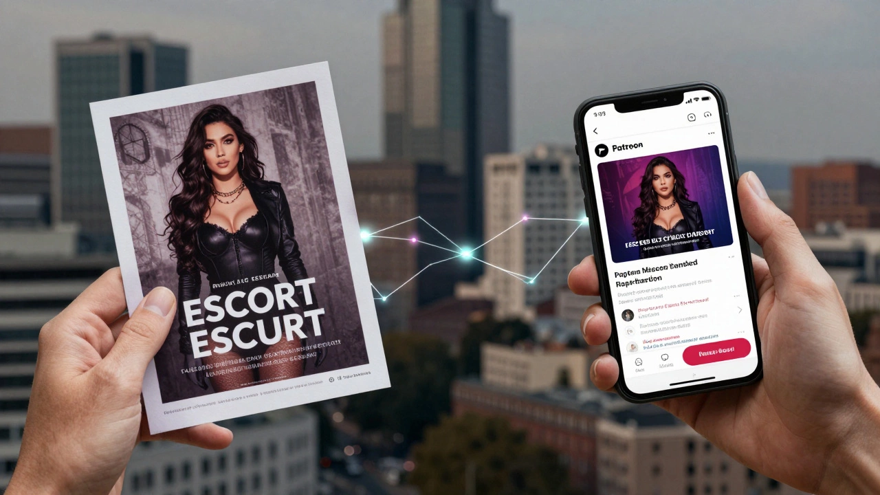 Hands holding old flyer and smartphone connected by digital streams, symbolizing evolving sex work.